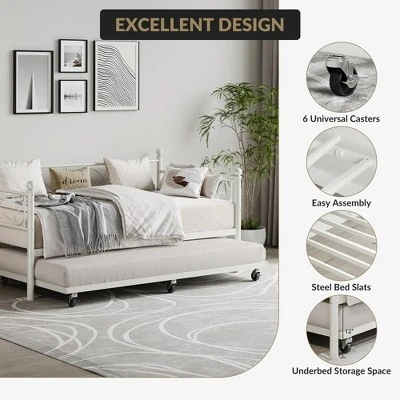 Twin Daybed With Trundle Bed, Heavy Duty Metal Twin Bed Frame With Pull Out Trundle 4 Twin Daybed With Trundle Bed, Heavy Duty Metal Twin Bed Frame With Pull Out Trundle - Image 4