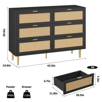 Garvee 6 Drawer Rattan Dresser With Gold Legs And Handles, Wide Double Storage Chest With Anti-Tipping Design For Bedroom Or Living Room 1 Garvee 6 Drawer Rattan Dresser With Gold Legs And Handles, Wide Double Storage Chest With Anti-Tipping Design For Bedroom Or Living Room
