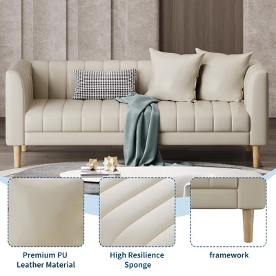 Faux Leather Sofa Couch, Modern 78" W Sofa With Deep Seats, 3 Seater Sofa Couch With 2 Throw Pillows And Wood Legs 5 Faux Leather Sofa Couch, Modern 78" W Sofa With Deep Seats, 3 Seater Sofa Couch With 2 Throw Pillows And Wood Legs - Image 5