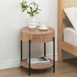 Round End Table Nightstand Wood Side Table